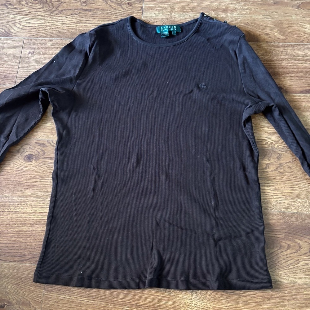 Lauren Ralph Lauren brown rib knit cotton long sleeve tee in size L